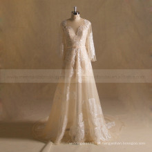 Elegant A-line mangas compridas Boho Lace vestido de noiva com capela trem